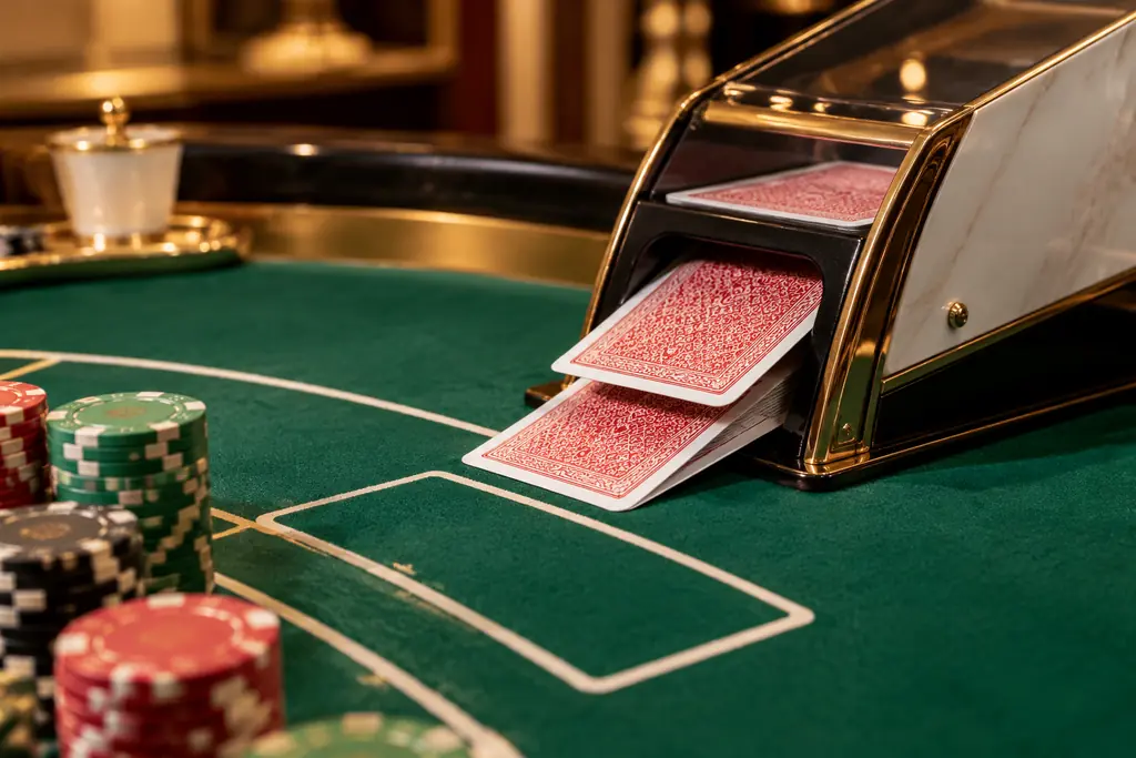 Sepatu kartu baccarat dan keping taruhan di atas meja hijau