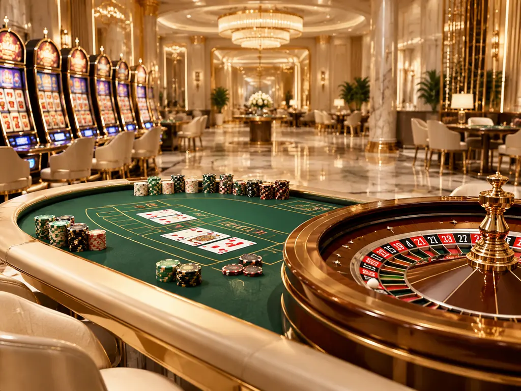 Aula kasino elegan dengan mesin slot, meja baccarat, dan roda roulette dalam cahaya tembaga hangat