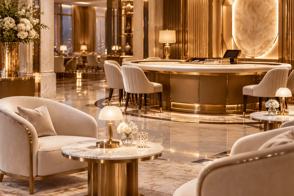 Lounge kasino bernuansa putih porselen dengan lampu tembaga dan meja baccarat di latar belakang