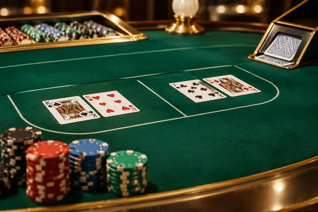 Meja baccarat dengan kartu pemain dan bankir serta tumpukan keping kasino