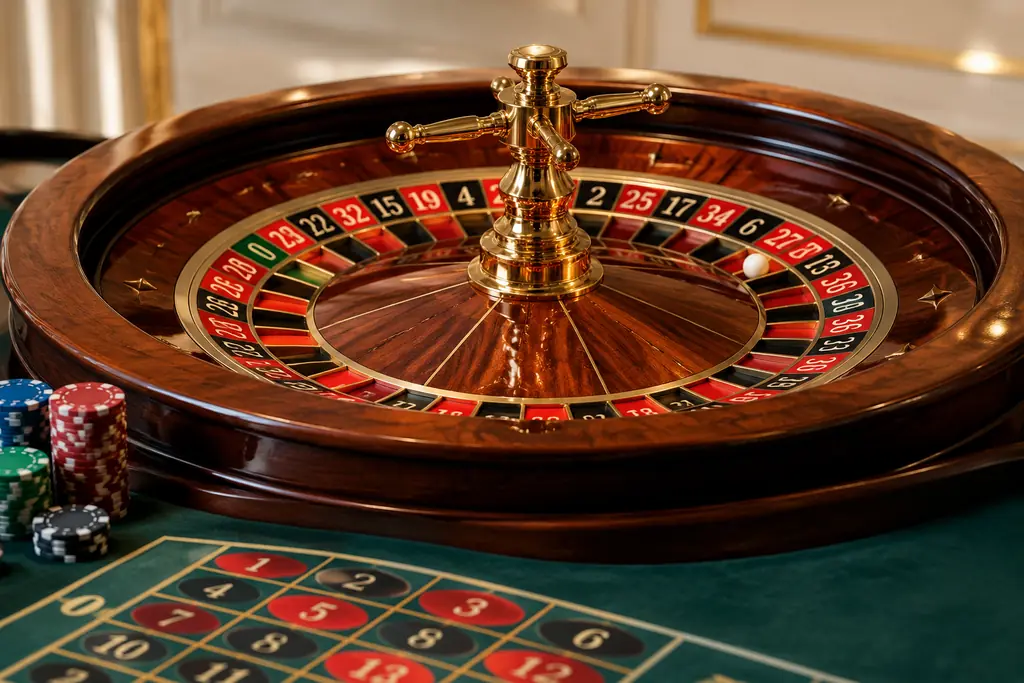 Roda roulette Eropa dengan bola putih di kantong angka dan keping taruhan di meja kasino
