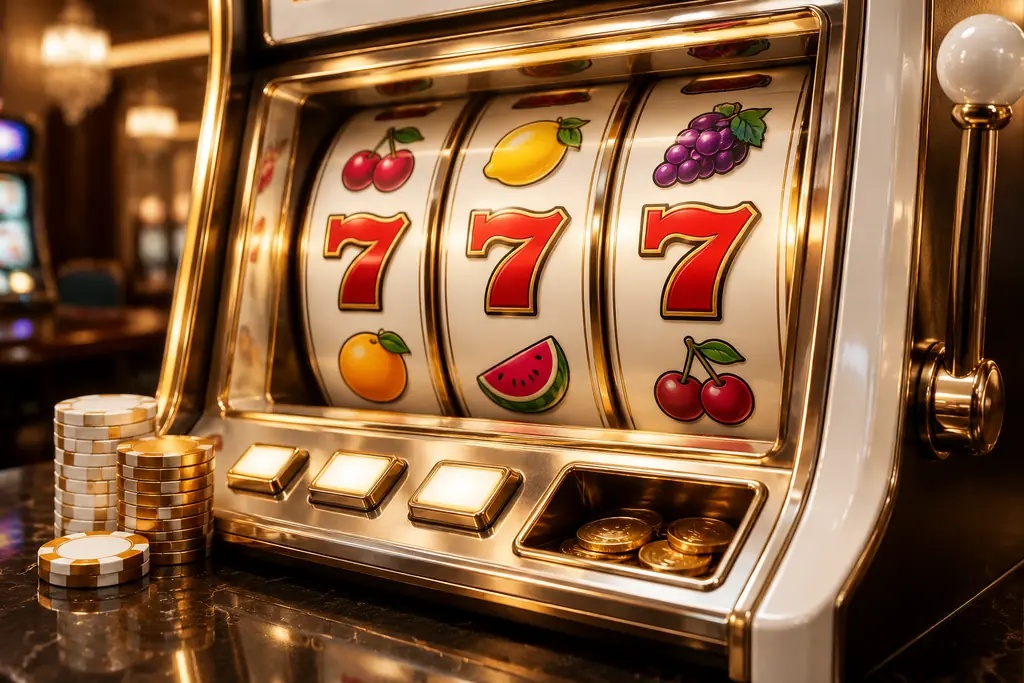 Mesin slot kasino dengan tiga gulungan menyala dan tumpukan keping di sampingnya