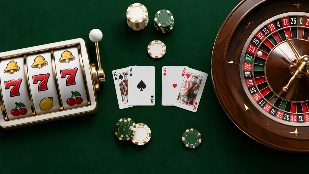 Tiga perangkat permainan kasino: mesin slot, kartu baccarat, dan roda roulette di atas felt hijau