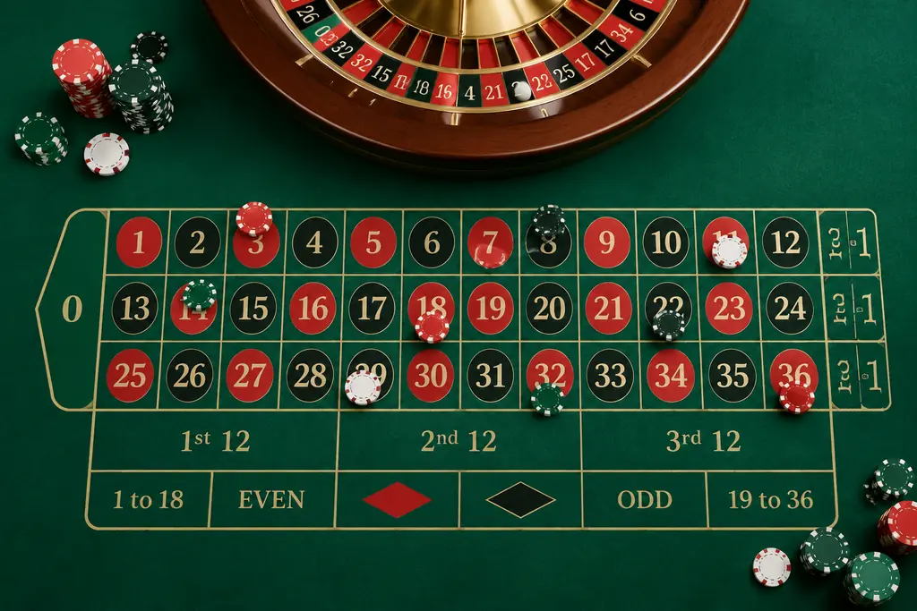 Tata letak taruhan roulette dilihat dari atas dengan keping di angka