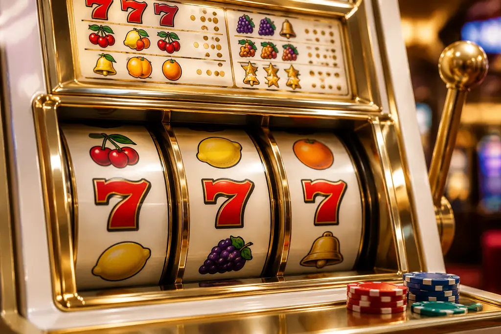 Tampilan dekat gulungan mesin slot dan tabel pembayaran di kasino