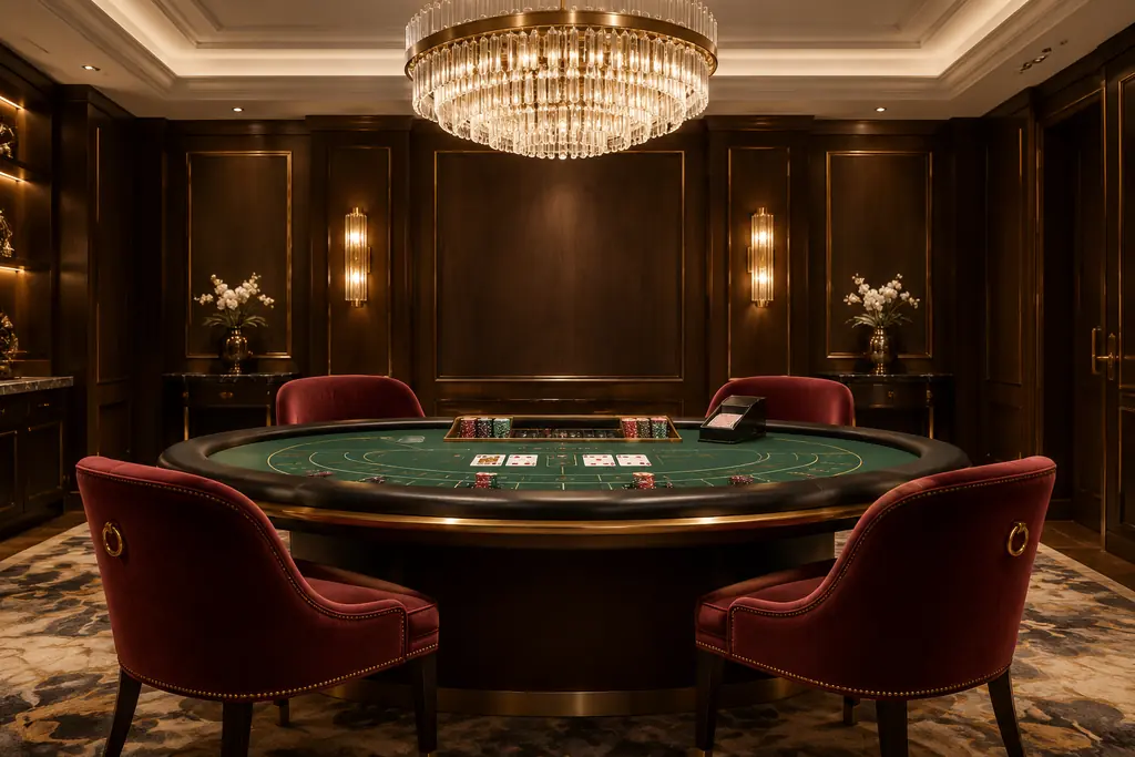 Ruang VIP kasino privat dengan satu meja baccarat dan kursi beludru